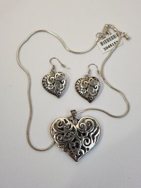 Silver Filigree Scroll Heart  Pendant, Earrings & Necklace Set 16-18" BALI Style